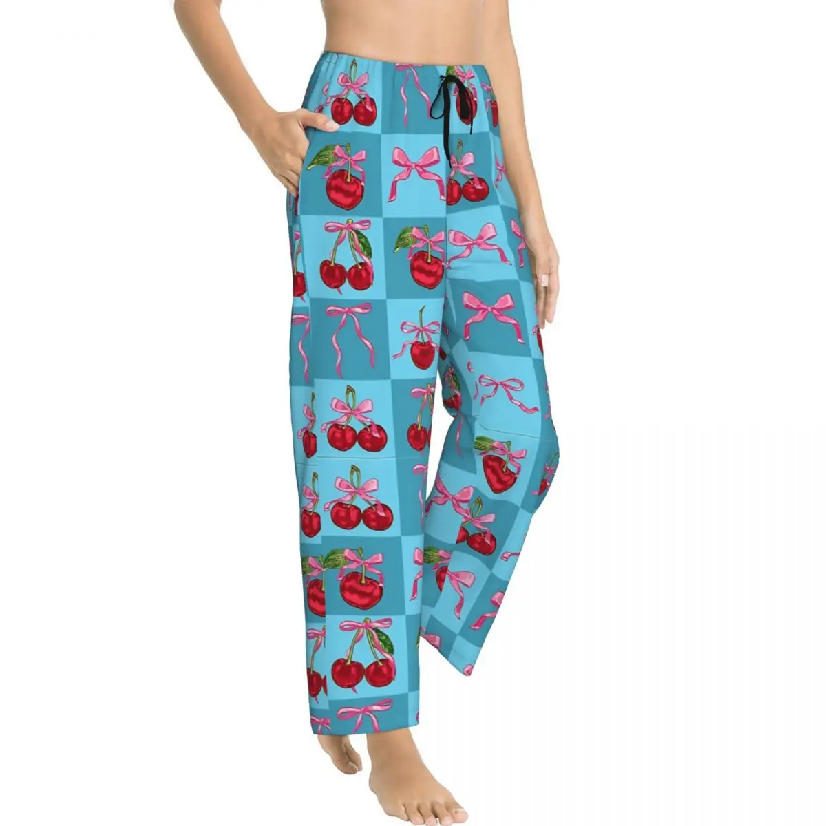 Ladies Pyjama Pants Blue Cherries And Bows Checker Loungewear pants Comfy Pink Bow Cherry Pattern Pajama Bottoms Dorm