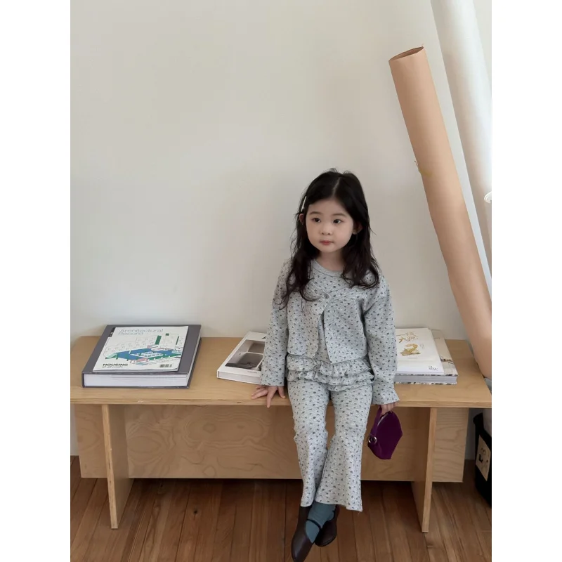 2025Autumn New Children's Clothing Children's Clothing Girls' Floral Fake Two-Piece Cardigan+Bell-bottom pants Autumn Outfit