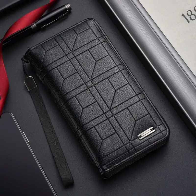 

High end men's long wallet with zipper multiple card slots embossed large capacity mobile wallet hand-held bag and coin purse