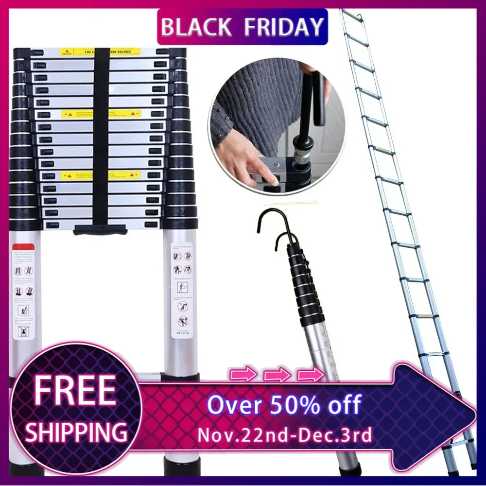 Telescoping Ladder 20ft Folding Loft Ladder with 2 Detachable Hooks Anti-Slip Rubber Feet Portable Heavy Duty Folding Ladder