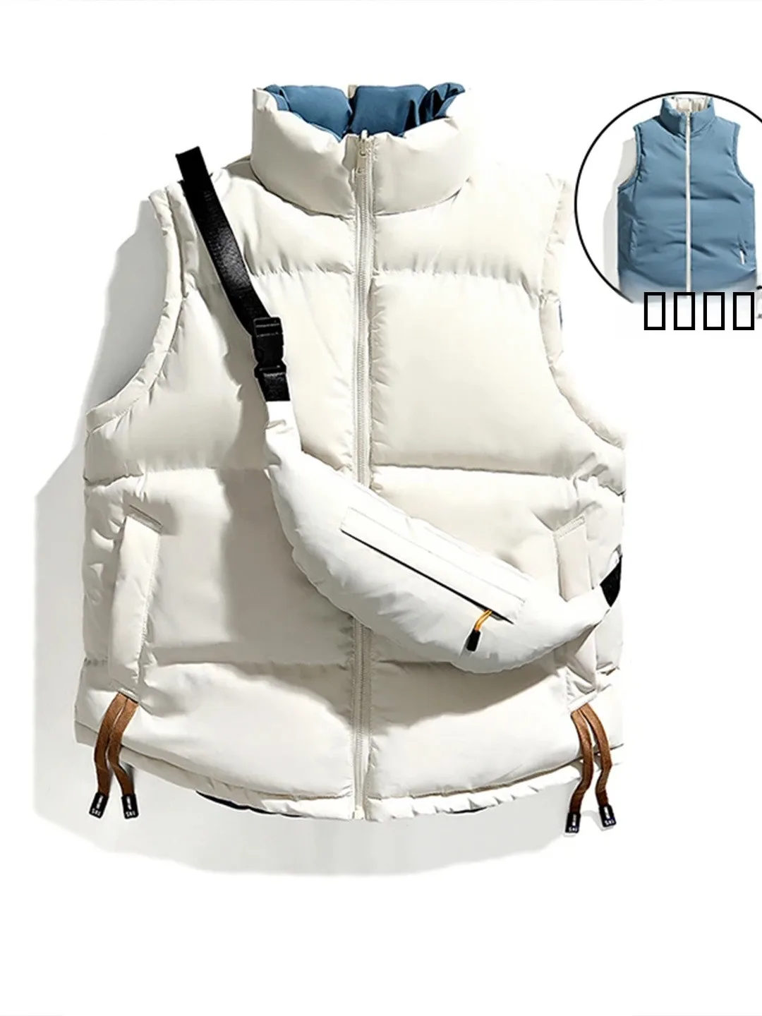 

American Sle Double-Sided Wear down Cotton Vest Men's Design Sensation Slant Crossbody Bag Stand Collar Cotton Vest Autumn ...