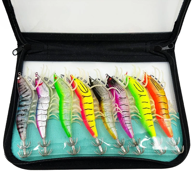 

Glow in Dark Wood Shrimp Squid Jig Hook Soft Legs Bionic Fluorescent Squid Cuttlefish Saltwater Fishing Tackle Bait