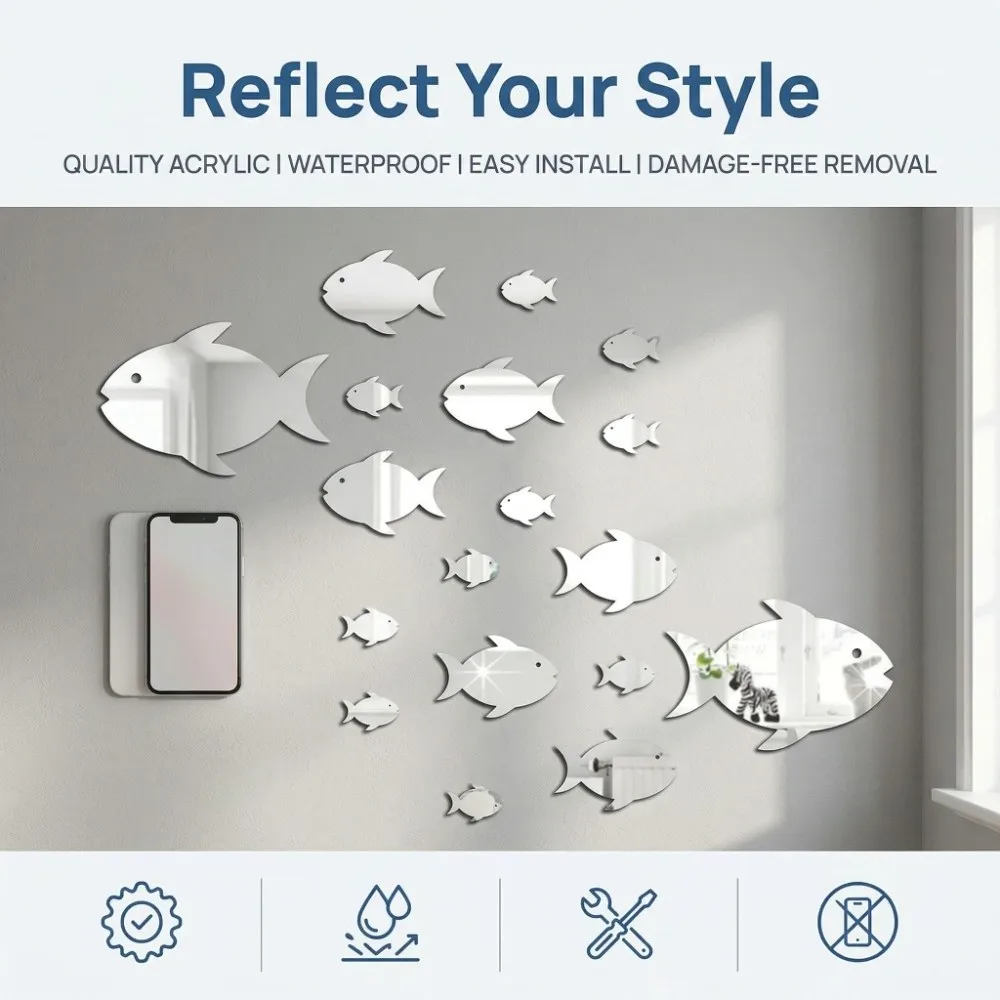 Silver Fish School Wall Stickers Acrylic Frameless Modern Wall Sticker Nautical Theme Ocean Theme Fish Shaped Mirror Bedroom
