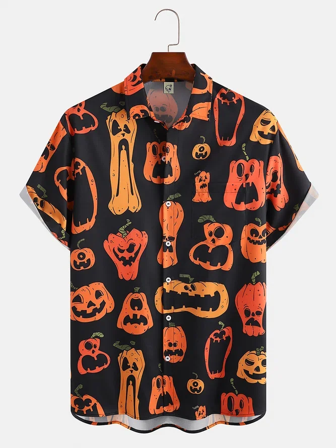 Men\'s Halloween Pumpkin Graphic Print Short Sleeve Shirt Retro Funny Pumpkin Element Pattern Party Wear