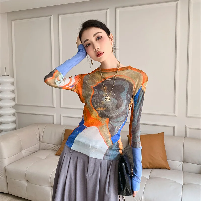 

Women's Summer Design Sense Graffiti Printing Mesh Slim Fit Inner Bottoming Shirt Thin Top