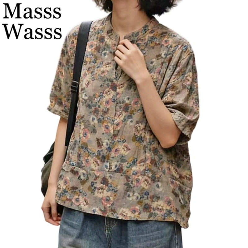 Masss Wasss 2026 British Design Vintage Floral Tops Womens Summer Loose Causal Fashion T-Shirts Females Classic Luxury Clothes