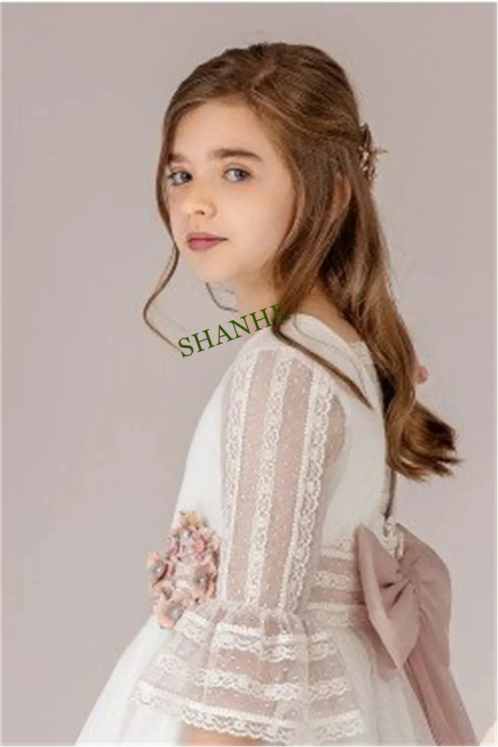 

CustomizedChild Wedding White Lace Lovely Flower Girl Dress Half Sleeve Bow Sash Tulle Appliques Long Party Kids Birthday Evenin