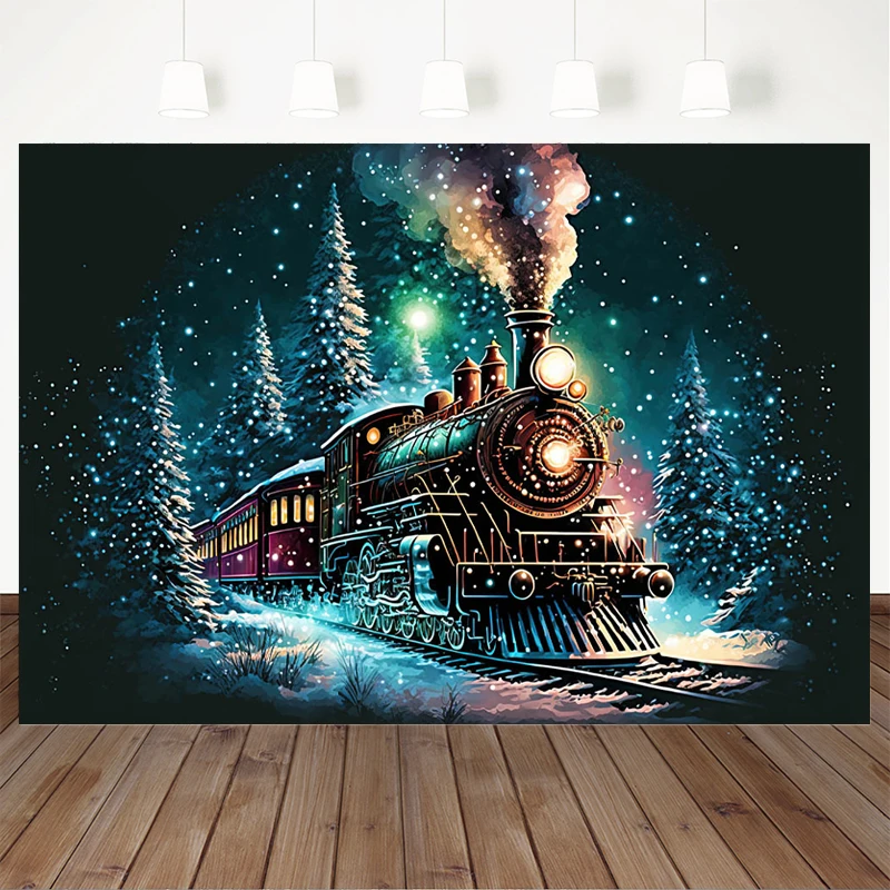 Mocsicka Christmas Locomotive Photography Background Night Party Train Snow Props Decoration Backdrop Family Studio Photobooth