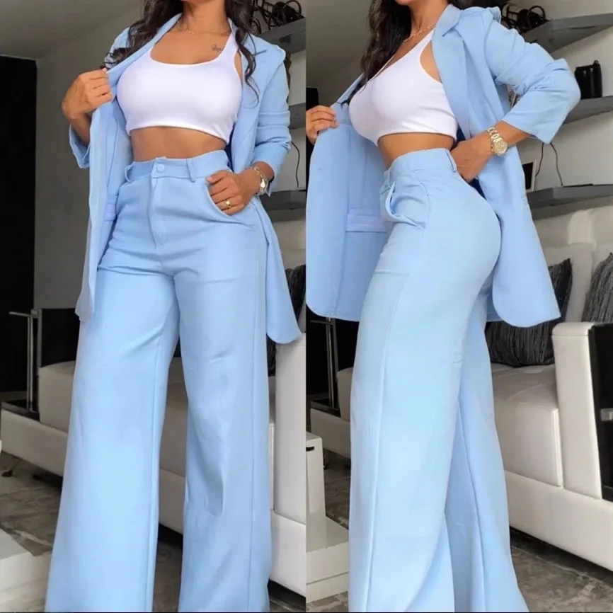 Two Piece Set Women Outfit Autumn Fashion Collar Long Sleeve Blazer Coat & Elegant Pocket Design Work Pants Set