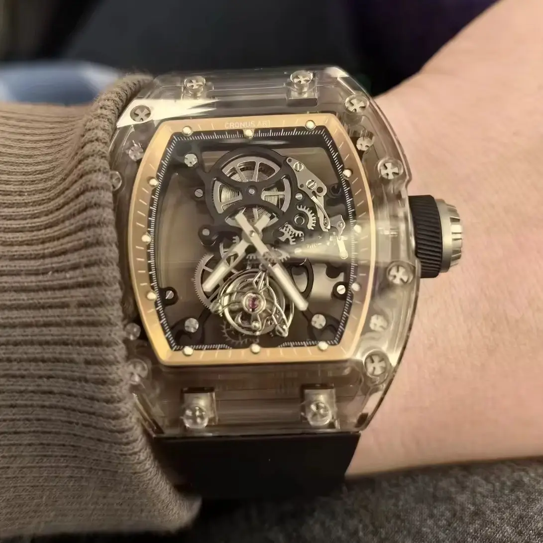 CRONUSART Men Tourbillon Watch 50mm Tonneau Mechanical Wristwatch Sapphire Case & Mirror Luminous Skeleton Dial FKM Strap