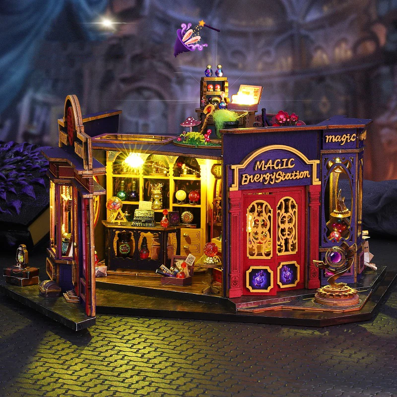 NIEUWE DIY Houten Miniatuur Model Kit Magische Energiestation Casa Poppenhuizen 3D Puzzel Poppenhuis Met Meubels voor Vrienden Geschenken