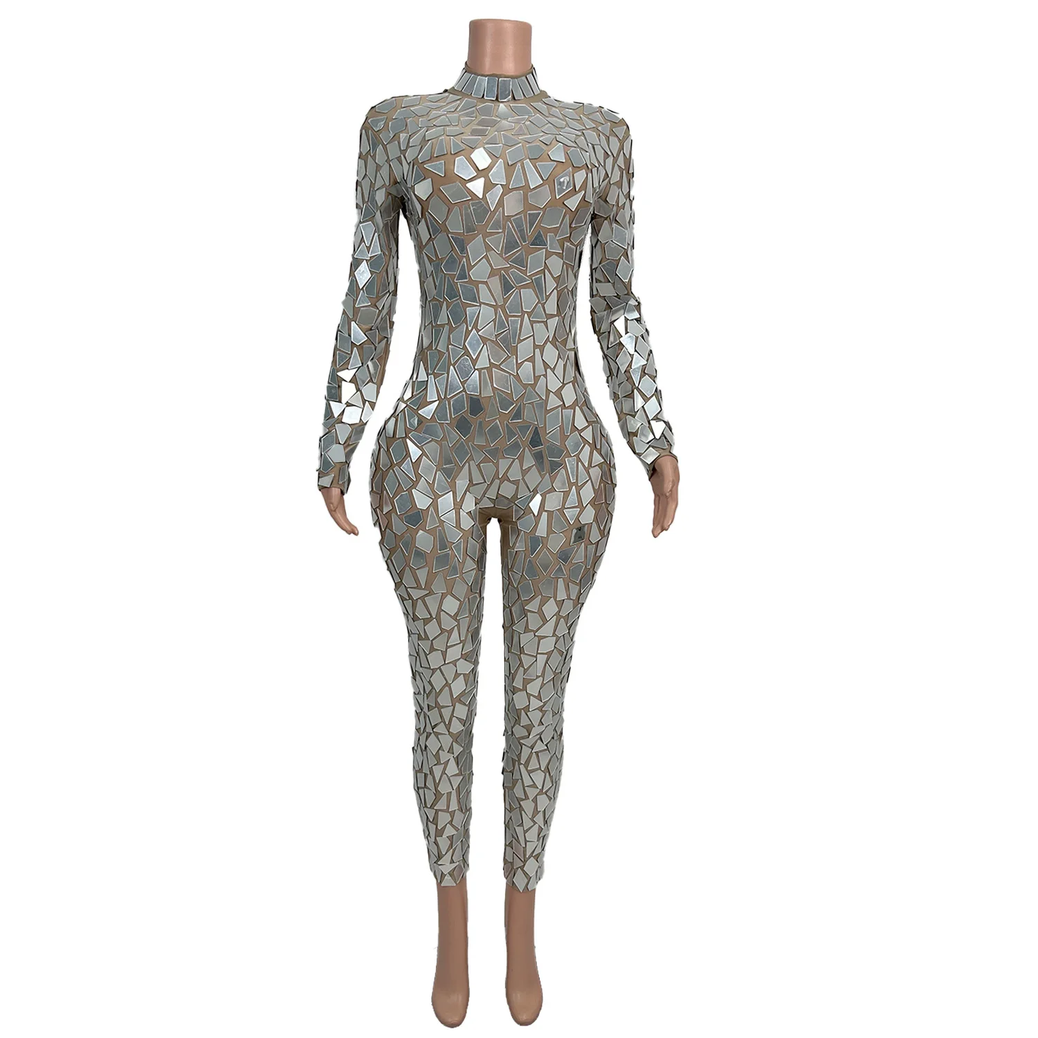 Silver Mirror Fragment Mesh Jumpsuit High Neck Long Sleeve Bodycon Outfit Women Singer Nightclub Stage Performance Wear wangsha