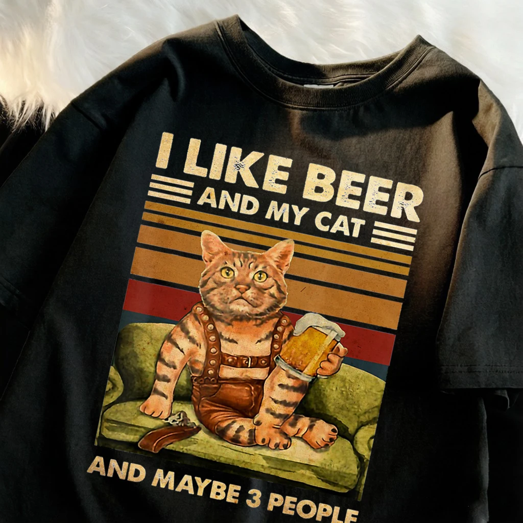 I Love Beer and My Cat Graphic T-shirt, Women's Summer Soft and Stylish T-shirt, Retro Sportswear, Versatile Basic Clothing.Y2K