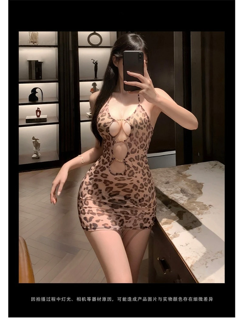 Luipaardprint uitgesneden doorzichtige halterhals heupknuffeljurk voor dames, wild en verleidelijk uniform uit één stuk, perfect romantisch