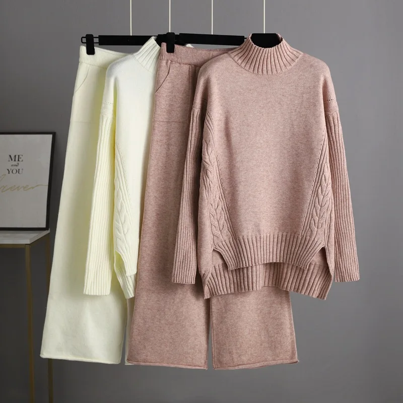 

Casual Knit Suit Female Two Piece Set Fashion Loose Twist Half Turtleneck Pullover Sweater Wide Leg Pants Winter Female Outfit