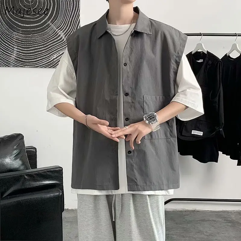 

Vests Men Ulzzang Fashion Sleeveless chic Breathable Baggy Teens All-match Simply Streetwear Handsome Casual Male Clothes Daily