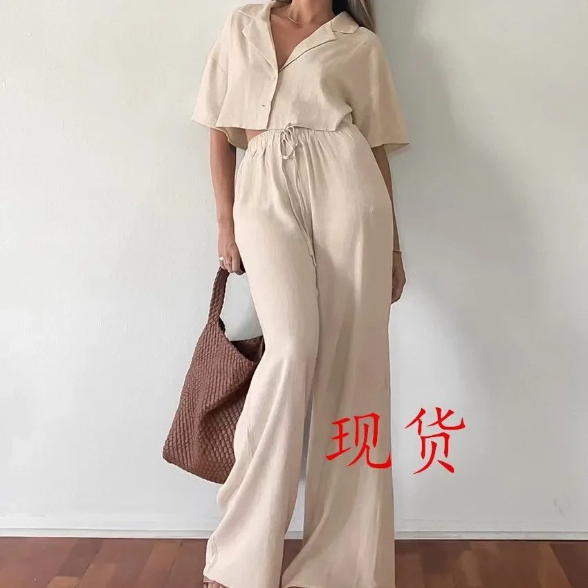 2024 New Arrival Cotton and Linen Pant Sets for Women - Loose Fit, High Waist Wide Leg, Short Sleeves, Chic and Casual