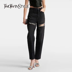 TWOTWINSTYLE Solid Designer Hollow Out Ankle-Length Pant For Women High Waist Patchwork Diamonds Wide Leg Pants Female TPA640161