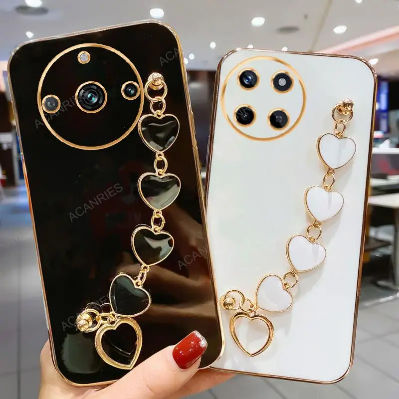 Realme11 Luxury Plating Love Heart Bracelet Chain Case For Oppo Realme 11 10 Pro Plus  4G 5G Silicone Cover On Realme10 11Pro