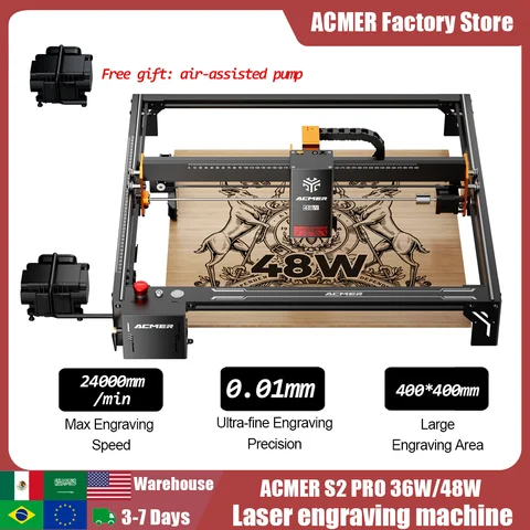 ACMER S2 PRO 36W/48W Laser Engraver Machine with APP WIFI Offline Control Blue Diode CNC Woodworking Tools Laser Cutting Machine