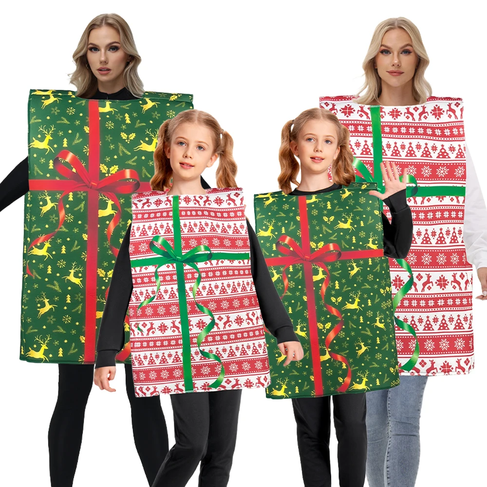 Adult Kids Christmas Gift Box Costumes Cosplay Funny New Year Outfits Family matching Xmas Party Dress up Stage Show Sponge suit