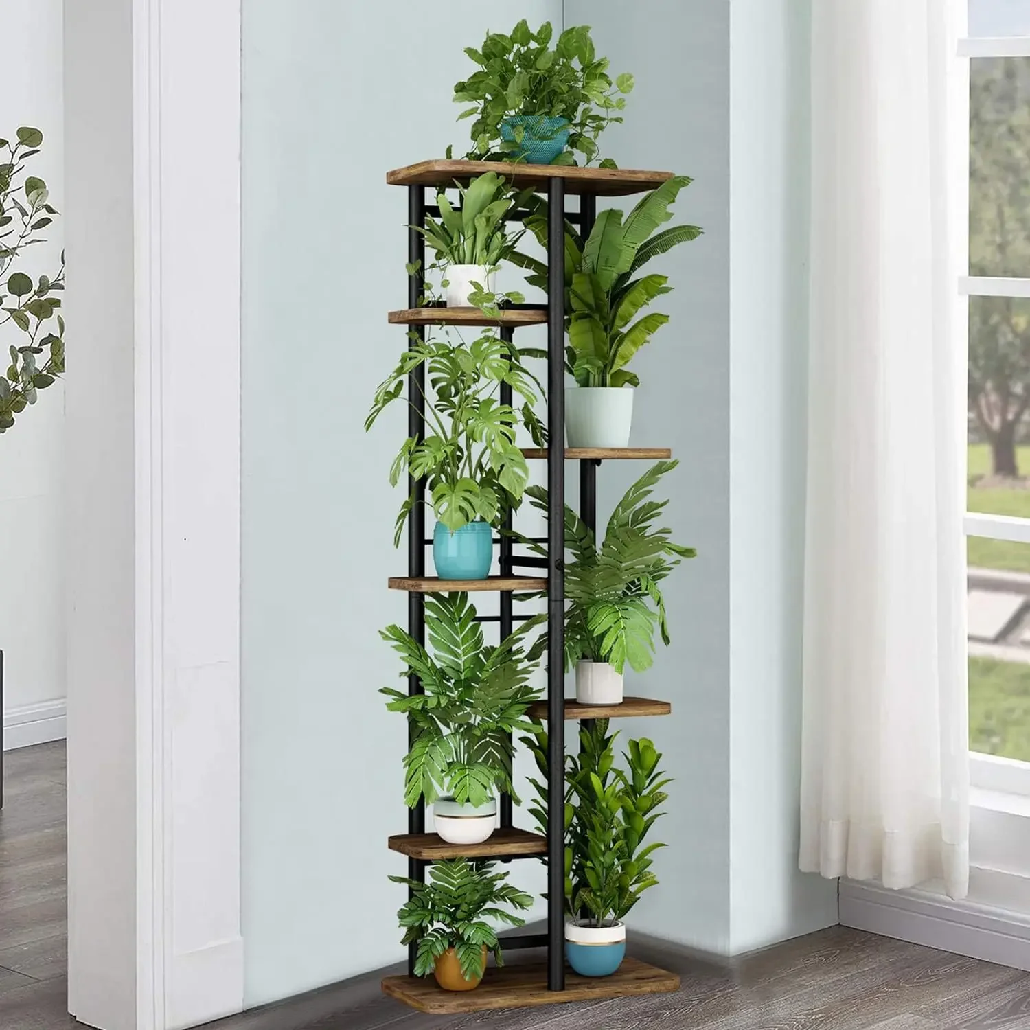 Wrought iron 7-layer flower stand Multi-layer solid wood flower stand standard parts packaging indoor potted plant stand