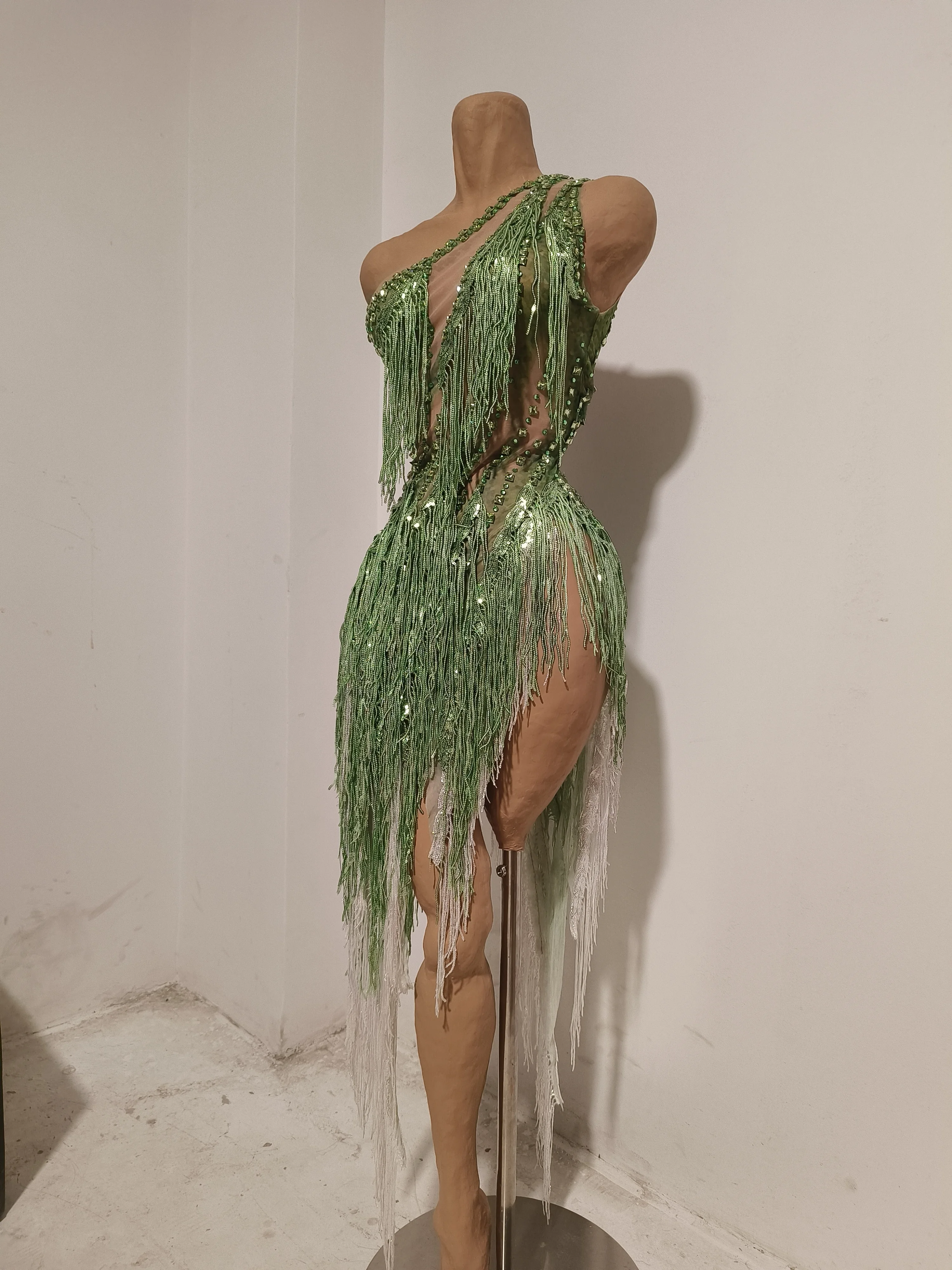 Women Sparkly Rhinestones Tassel Green One Shoulder Sexy See-Through Dress Latin Dance Outfits Bar Nightclub Party Stage Costume