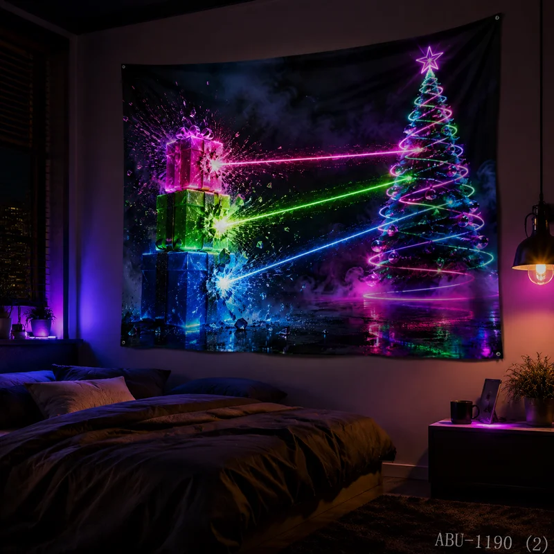 VIKAMA Cyber Neon Laser Spiral Christmas Tree Explosion Gift Box Christmas Tapestry HD Background Wall Room Decoration