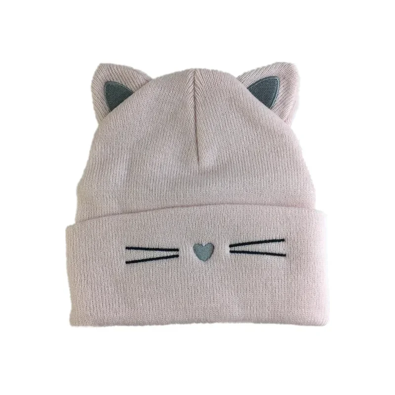 Cute Cat Embroidered Knitted Hat Outdoor Warm Ear Protection Cat Ears Wool Cap Over Head Cold Cap Street Beanies Cap Penny Cap