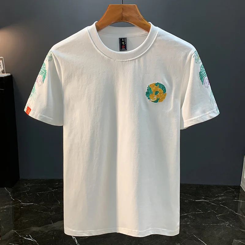 

Chinese style embroidered short sleeved T-shirt for men in summer, new ethnic style clothing, trendy casual top