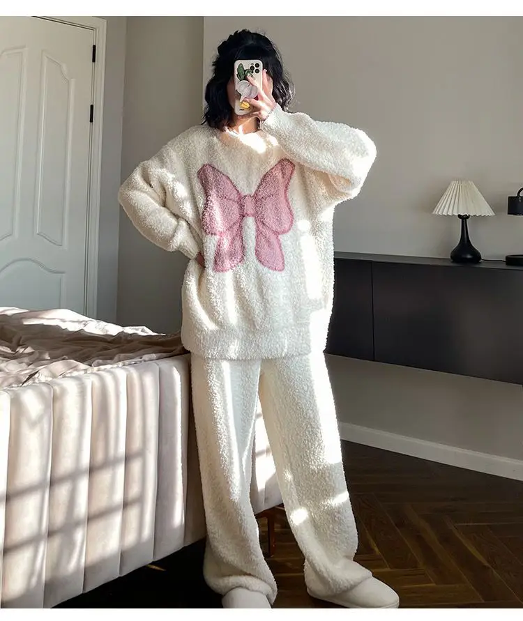 Yasuk Autumn Winter Fashion Women\'s Casual Lovely Bow Sweet Girl Warm Soft Sleepwear Loose Pajamas With Pants Flannel Pullover