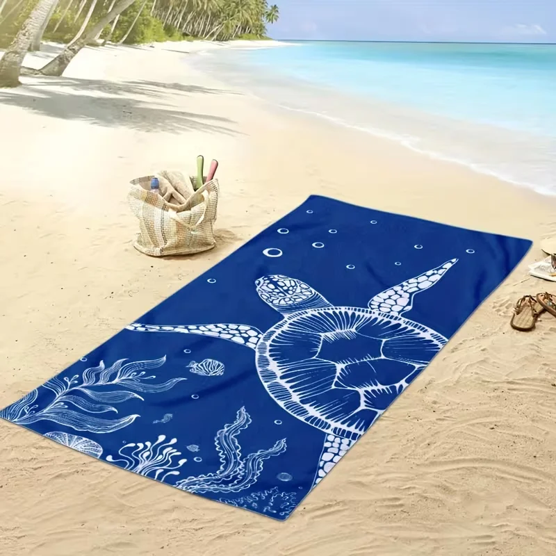 Navy Base White Line Drawing Sea Turtle Coral Beach Towel Portable Towel Summer Beach Swimming Pool Outdoor Bath Blanket