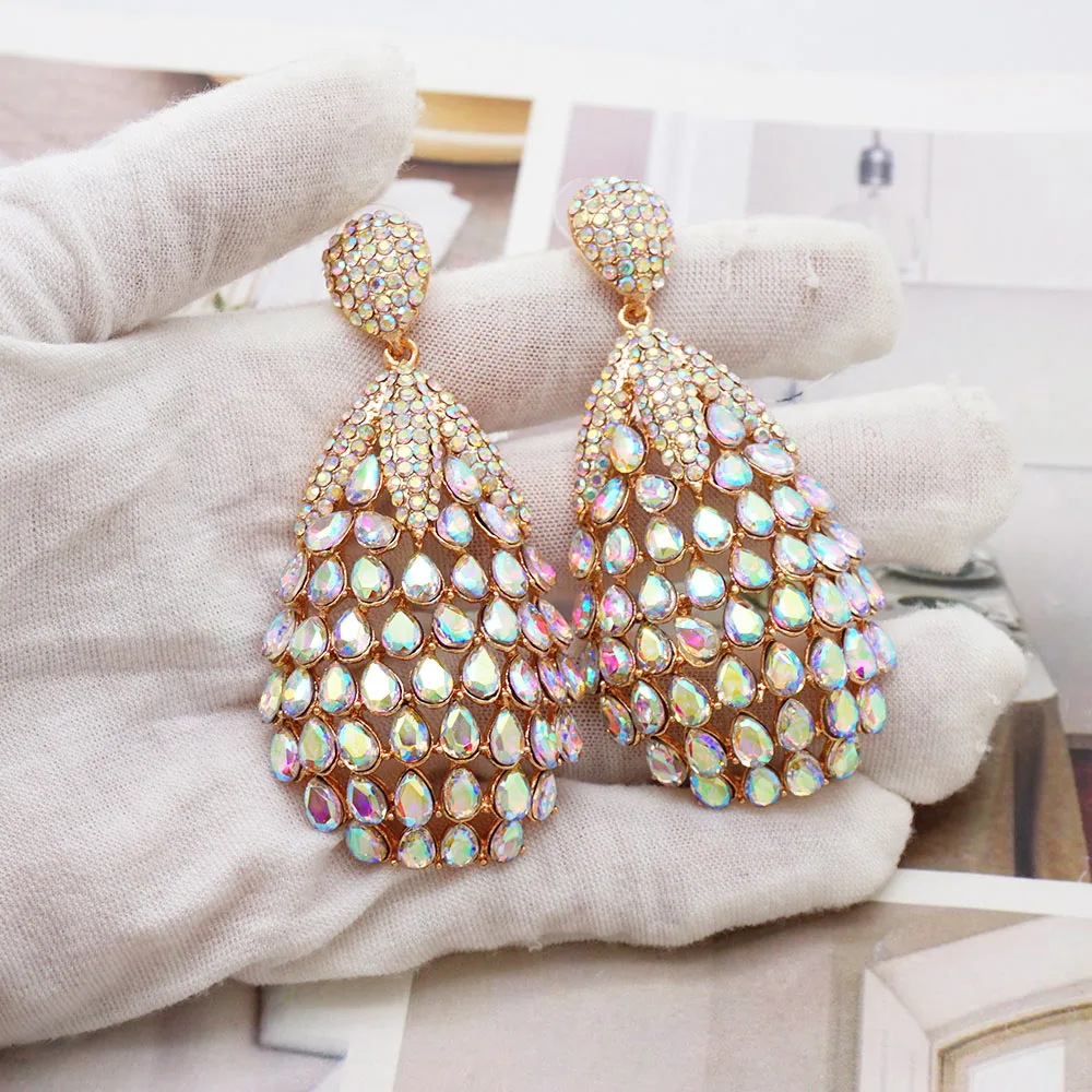 Damen AB Kristall Tropfen-Ohrringe Goldfarben Hohle Strass-Ohrhänger Hochzeit Party Braut Statement-Schmuck Geschenk – Detail 7