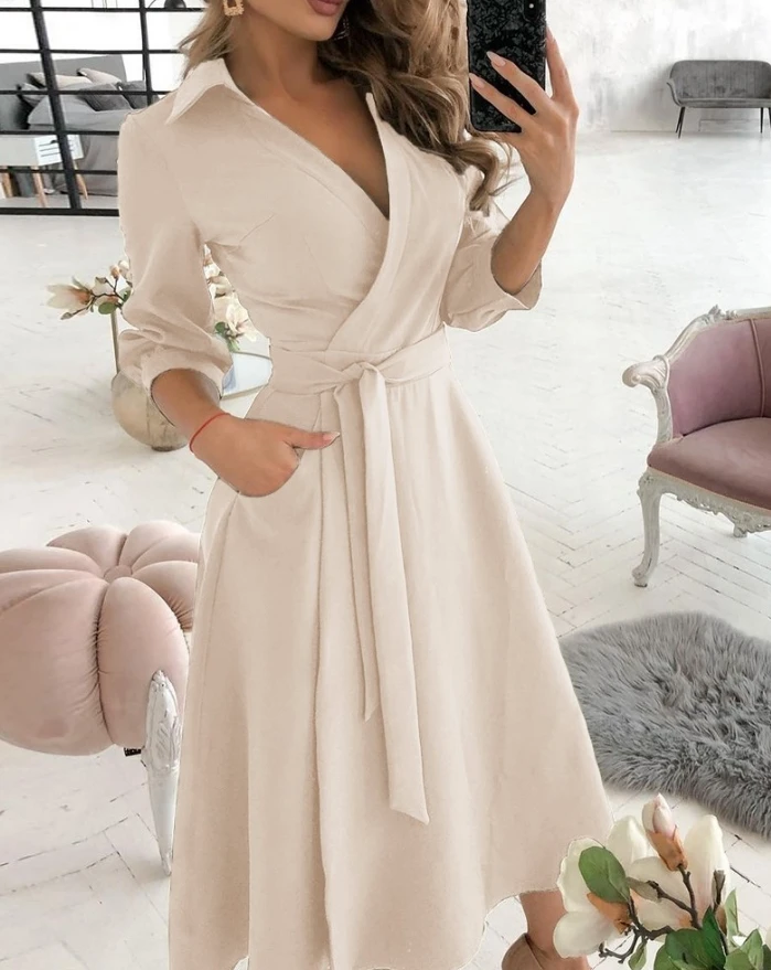 

Dresses 2024 Women Casual Elegant Lantern Sleeve Casual Shirt Dress Sexy Dresses Woman
