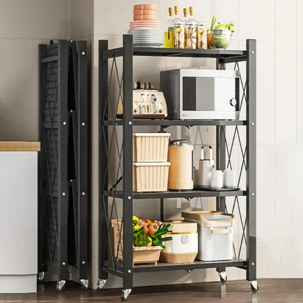 Folding Storage Rack Multi Layer Metal Living Room Kitchen Item Storage Cart No Installation of Multifunctional Storage Rack