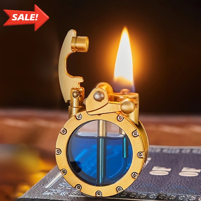 New Retro Transparent Fuel Tank Metal Rocker Torch Lighter Personality Windproof Cigarette Lighter Men'S Collection Gifts