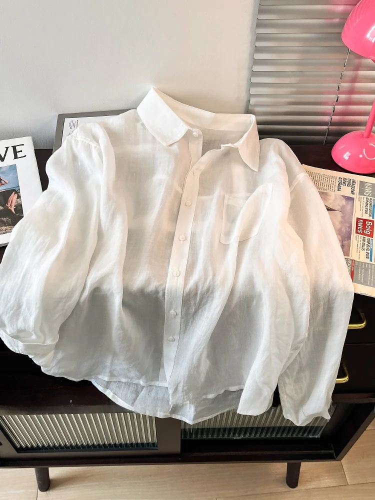 

Белый льняной лайнер Jaet, женский весенне-осенний новый Sle High Sensation, простой свободный многослойный солнцезащитный топ для поездок на работу, ретро S...