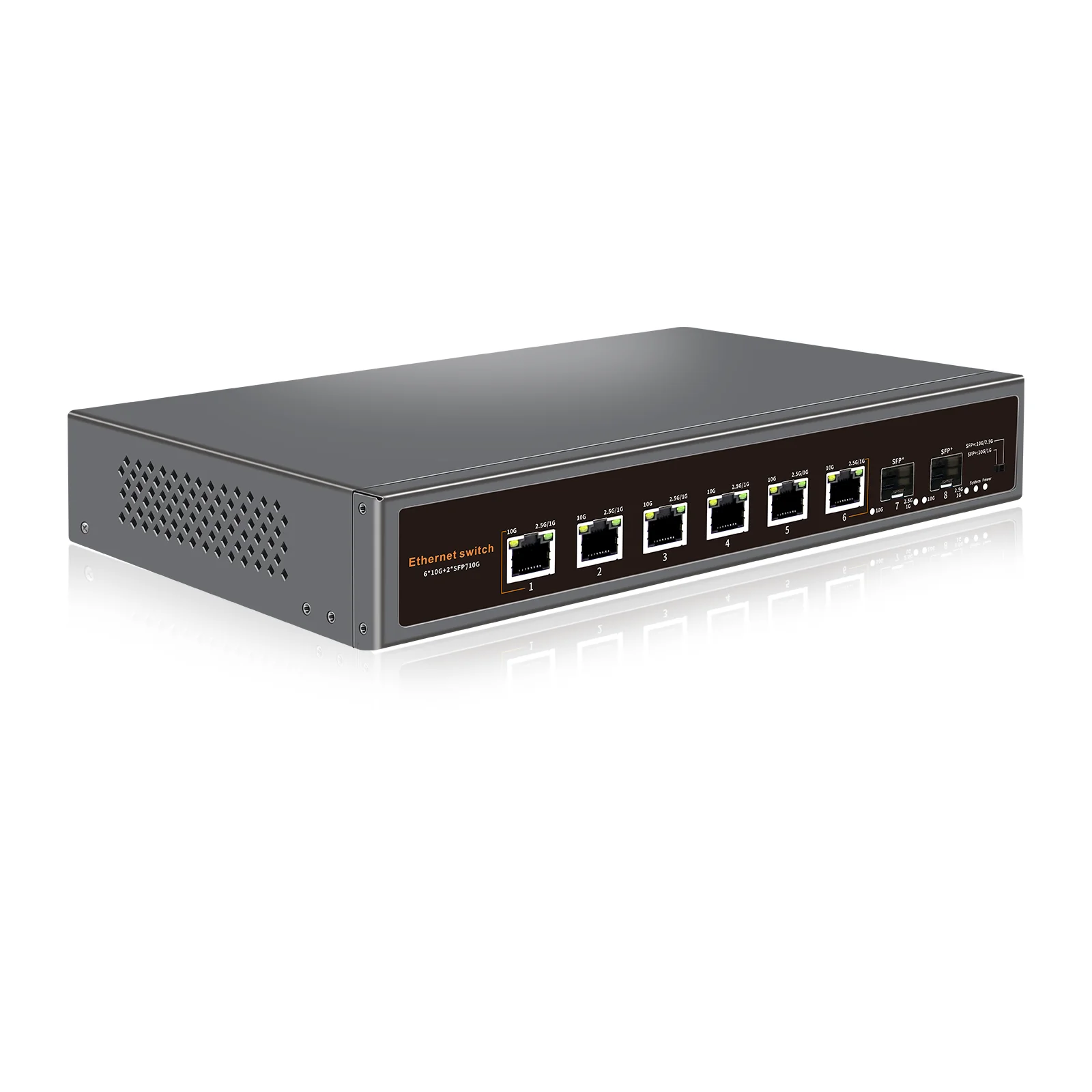 

8-портовый Ethernet-коммутатор Bullscom 10G/Multi-Gig — 6x 10Gb RJ45 + 2x SFP+ | Настольный/настенный монтаж Plug & Play | Металлический корпус