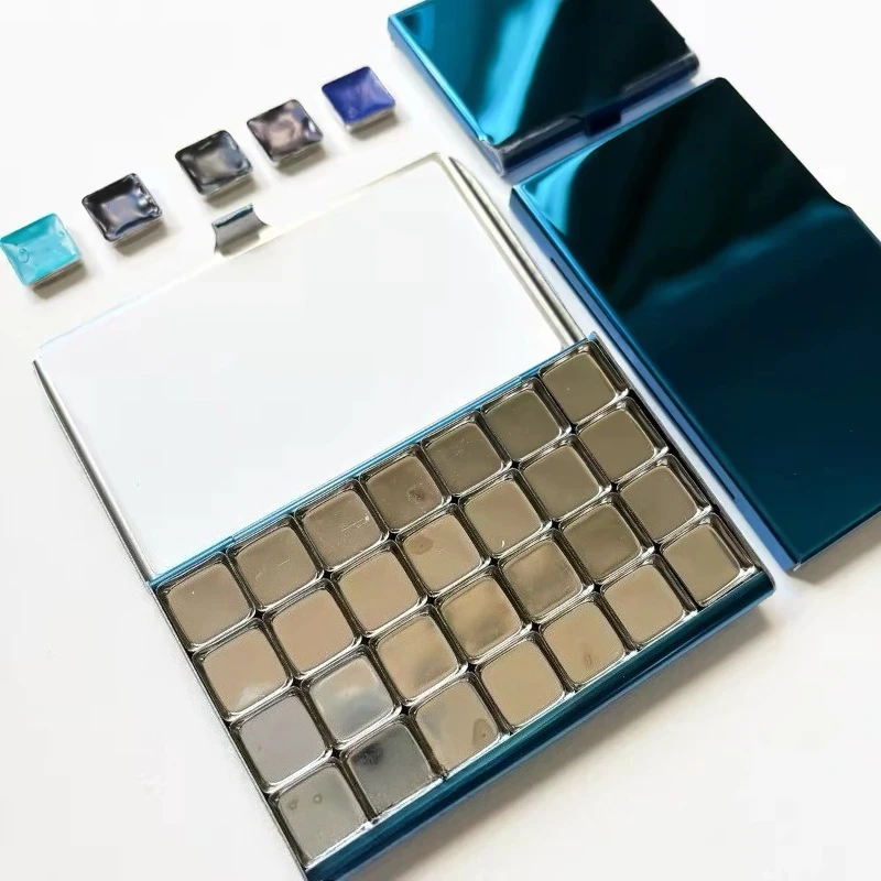 Blue Stainless Steel Ultra Thin Portable Travel Palette Watercolor Paint Box Paint Tray Magnetic Packaging Grid Art Supplies