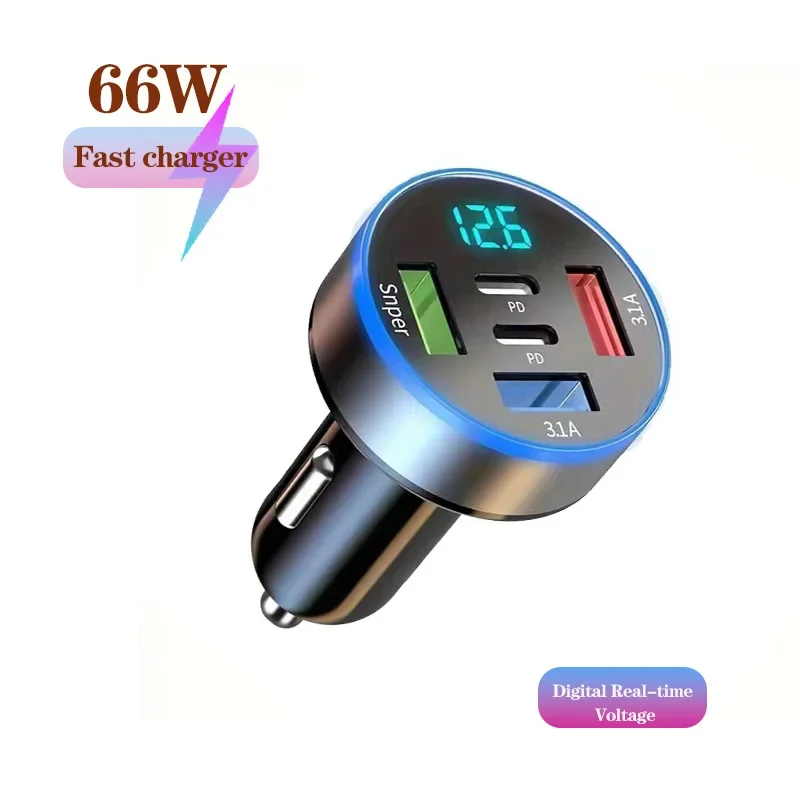 

66W 5/6Port USB Digital Real-time Voltage display car super charger QC30/PD for Phones fast charging cigarette lighter adapter