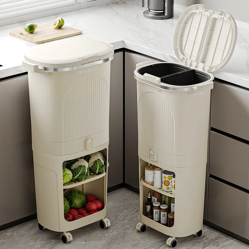 

Kitchen Trash Can Press Lid Hands Free Dual Compartment Wet Dry Separation Slim Space Saving Garbage Bin Lixeira Cozinha