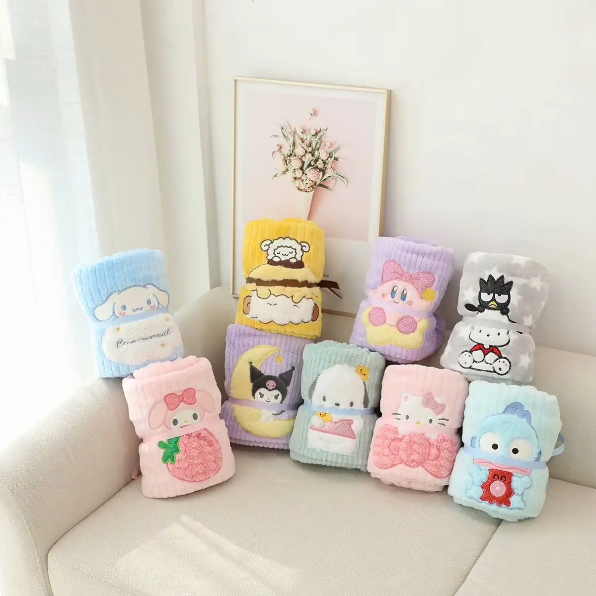 

Hello Kitty Kuromi Anime Kawaii Sanrio Ins Coral Blanket Cute Cartoon Ins Cinnamoroll My Melody Car Bed Nap Cover Gifts for Kids