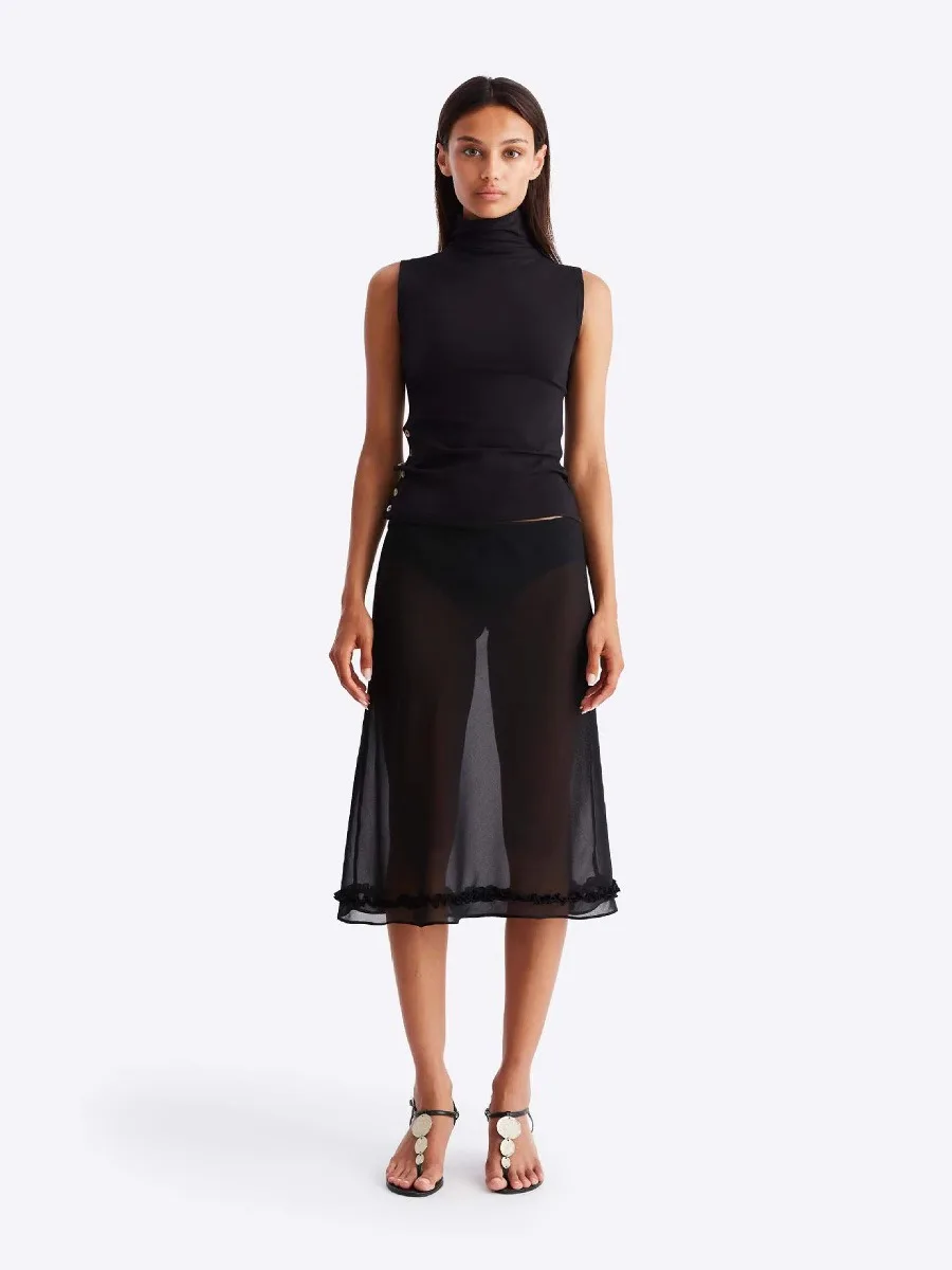 Women Polka Dot Print Sheer Skirt Frill Trim Low Rise See Through Knee Length Midi Skirt Summer Y2K Vintage Streetwear