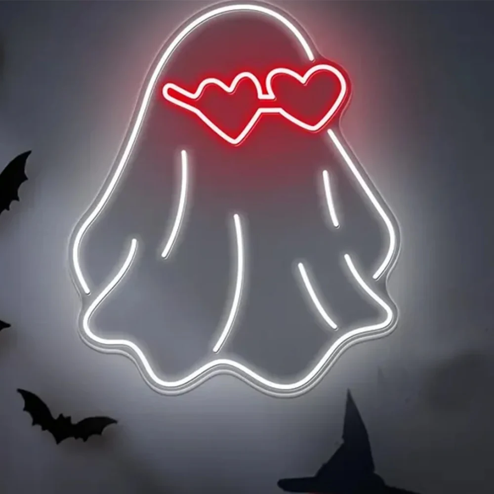 Ghost Pumpkin Neon Sign Halloween Art Wall Decor Led Light Up Sign For Room Decoration Dimmable for Party Bar Living Room Home