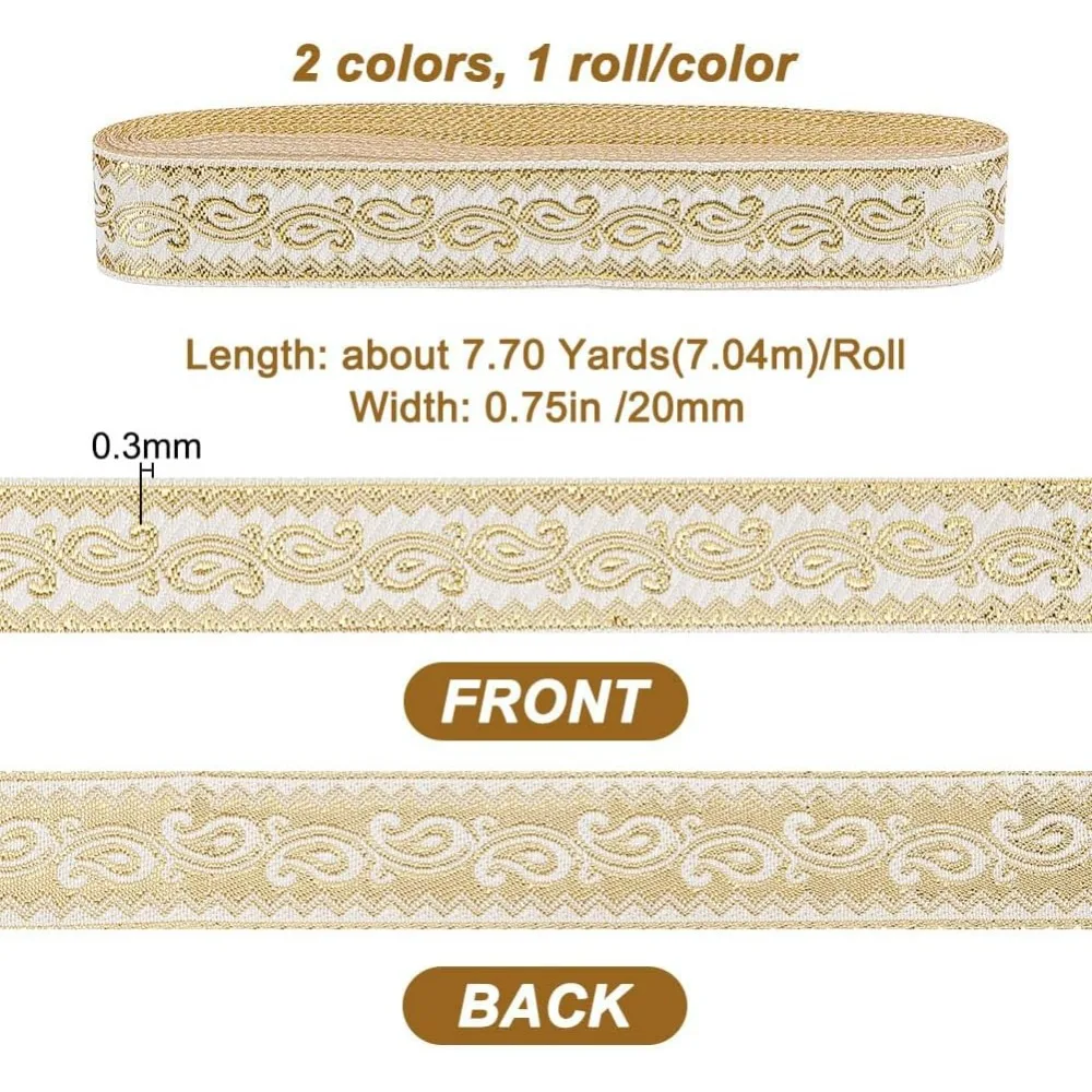 2 Rolls 2 Colors Jacquard Ribbon Trim, Light Gold Jacquard Ribbon Vintage Embroidery Jacquard Trim for Sewing Curtain