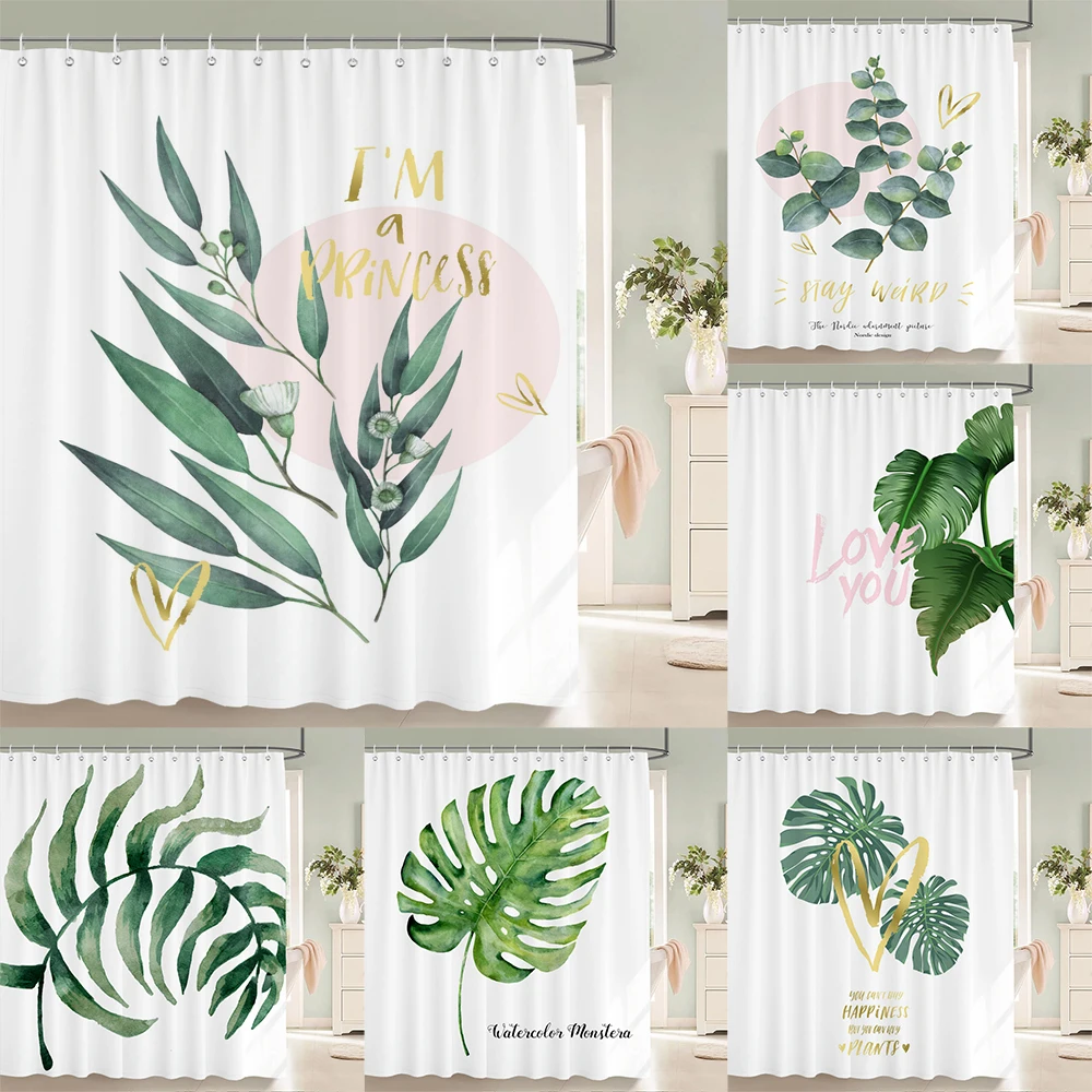 

1pc Fabric Shower Curtain with Hooks，Bathroom Shower Curtain，Printed Fabric Modern minimalist style plant leaves Shower Curtain