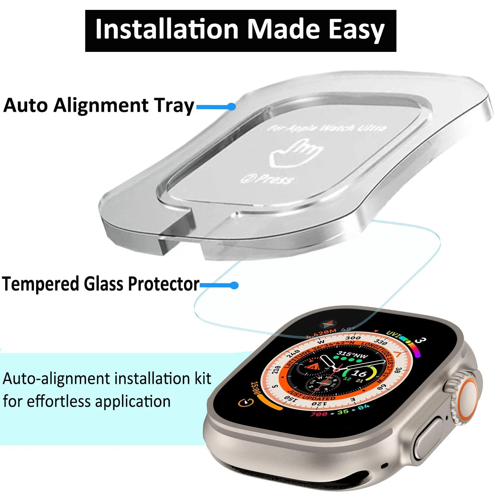 Protector de pantalla de vidrio templado para Apple Watch Ultra 49mm, kit de herramientas de Alineación automática antiarañazos para iWatch,