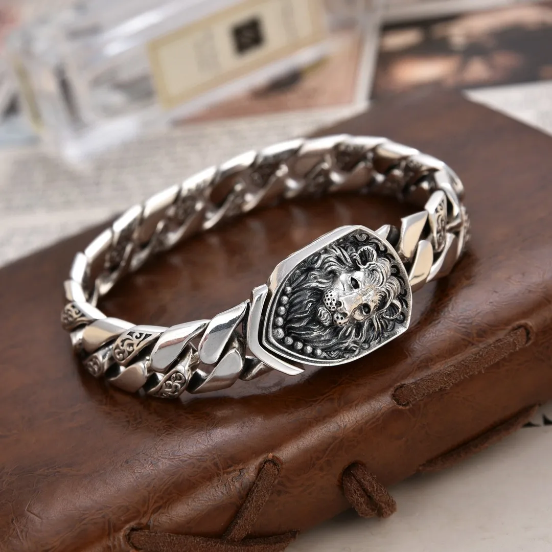 

S925 sterling silver lion cuban bracelet stylishretro arabian style fashion men's rattan grass pattern bracelet