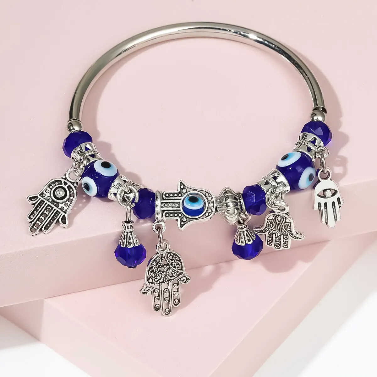 Blue Gold Accessory Devil\'s Eye Fatima Hands Crystal Metallic Palm Pendant Personality Bracelet