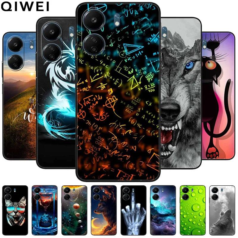 For Xiaomi Redmi 13C 4G Case Animals Painted Black Bumper Silicon TPU Coque for Redmi13C 4G 13 C Shockproof Covers Wolf Soft Bag